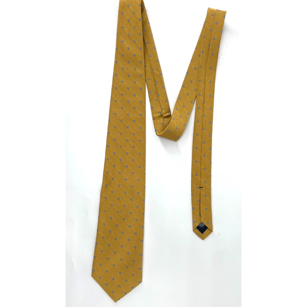 Lands End Repp Necktie Yellow Blue Silk USA Made Long Preppy Ivy Polka Dot Vtg